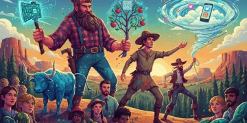 Stylized illustration of American folklore icons blended with modern digital art and diverse faces.