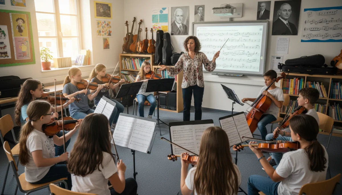 Music teacher instructing students, demonstrating the impact of new arts education policies.