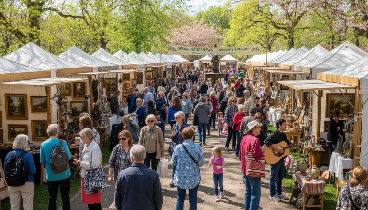 Crowded outdoor art fair featuring diverse artistic expressions and community interaction during a spring festival.