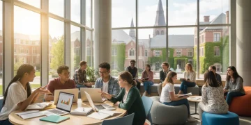 Diverse college students studying and collaborating on a modern university campus, representing higher education affordability