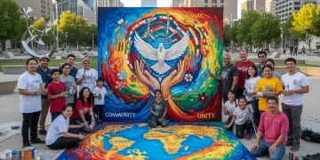 Diverse community painting vibrant mural for arts project