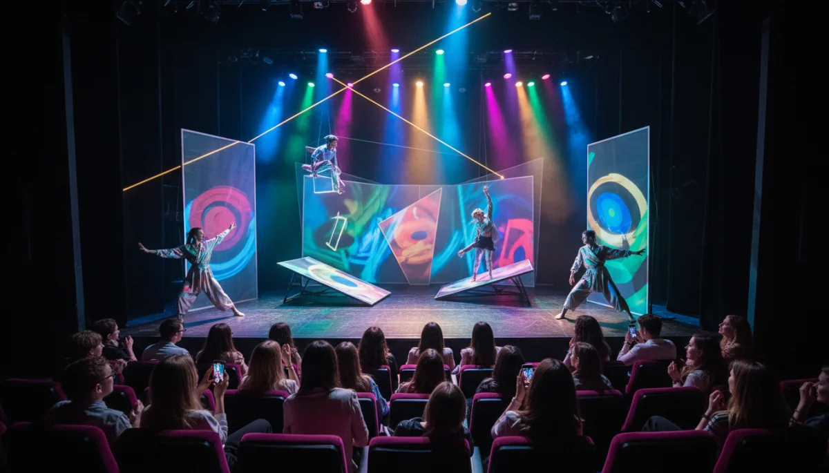 Contemporary theater performance with abstract set and dynamic lighting engaging a young audience.