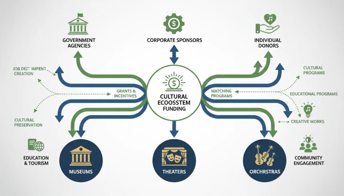Flowchart illustrating funding sources and cultural institutions.