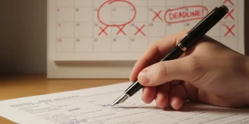Hand filling out a national cultural grant application form with a looming deadline.