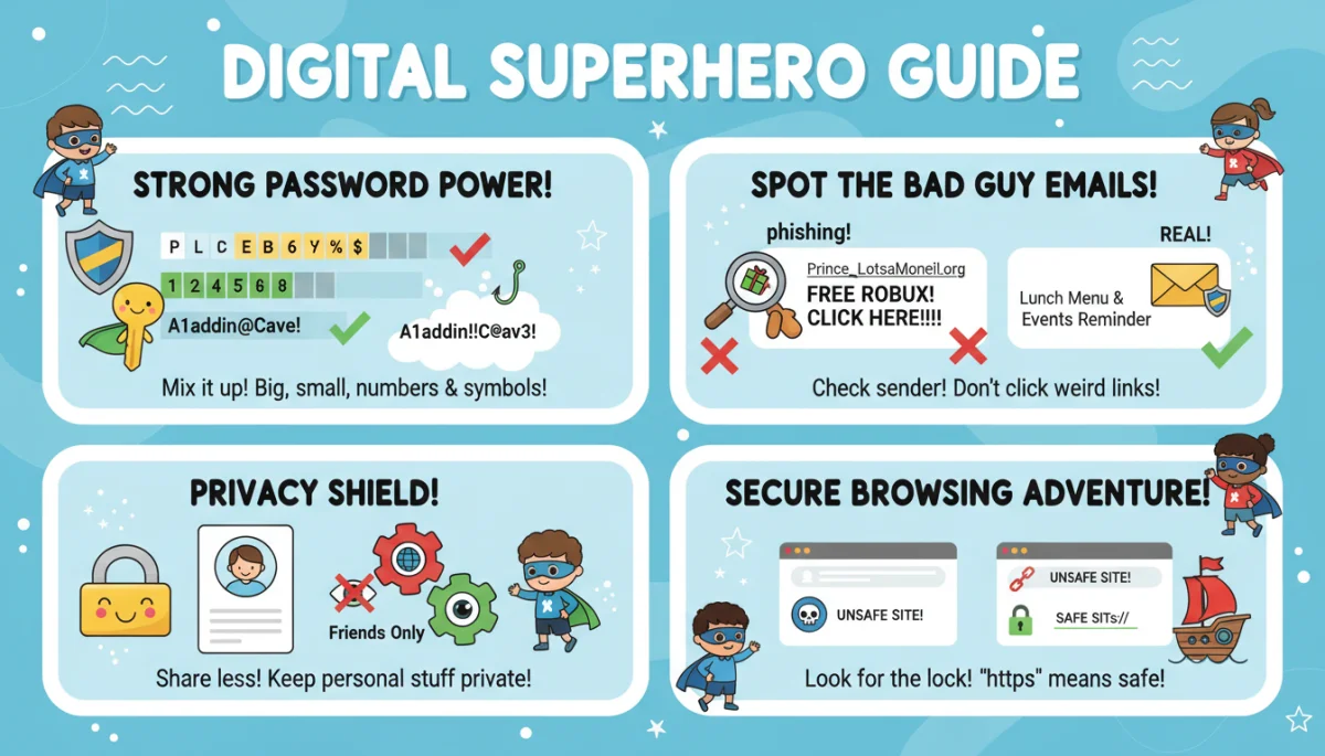 Infographic illustrating essential cybersecurity concepts for K-12 students