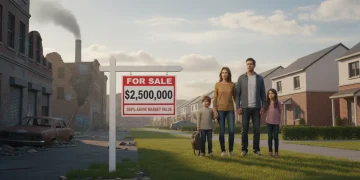 Distressed family facing rising housing costs, symbolic of the 2026 affordability crisis in the US.