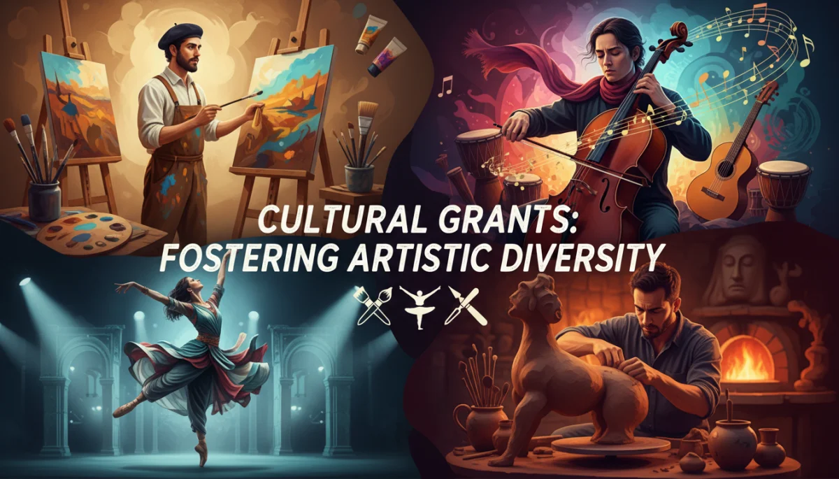 Diverse artists representing various cultural disciplines benefiting from grant funding.