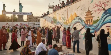 Diverse individuals collaborating on a cultural project, symbolizing national unity through art.