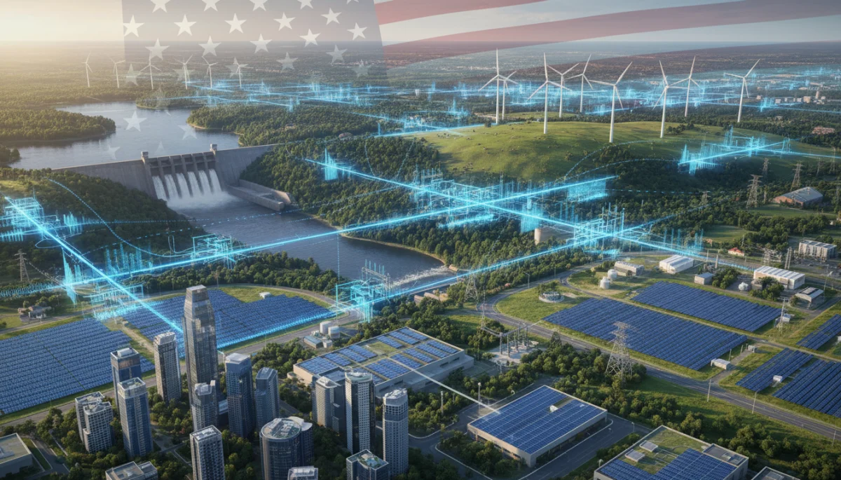 Diverse renewable energy sources integrating into the US smart grid, showing economic and community benefits.