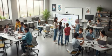 Diverse students collaborating in a modern, equitable classroom setting