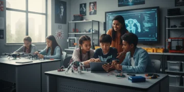 Diverse students collaborating on a robotics project in a modern STEM classroom, embodying future education.