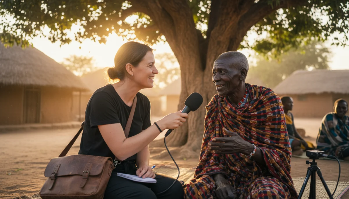 Documentarian interviewing elder for cultural stories, building trust.
