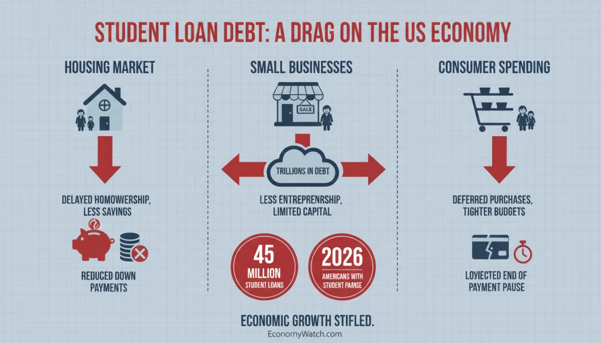 Infographic illustrating the negative impact of student loan debt on US economic sectors like housing, small business, and consumer spending, affecting 45 million borrowers by 2026.