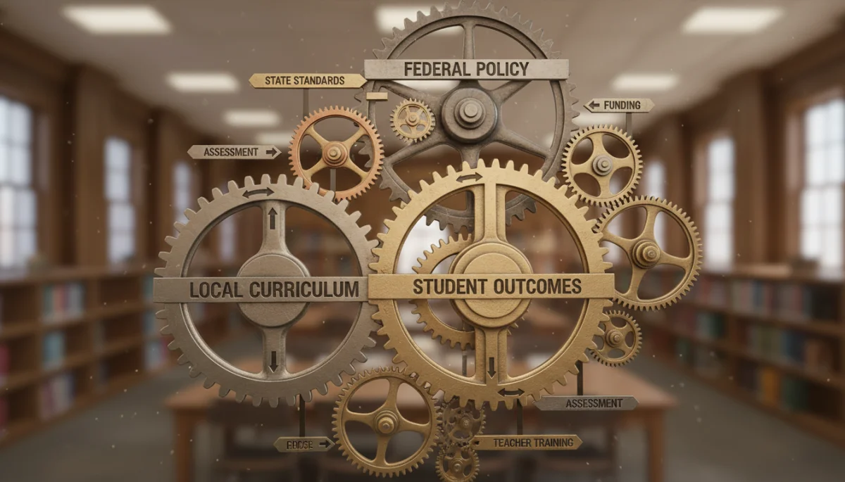 Interconnected gears representing federal, state, and local education policies influencing student outcomes.