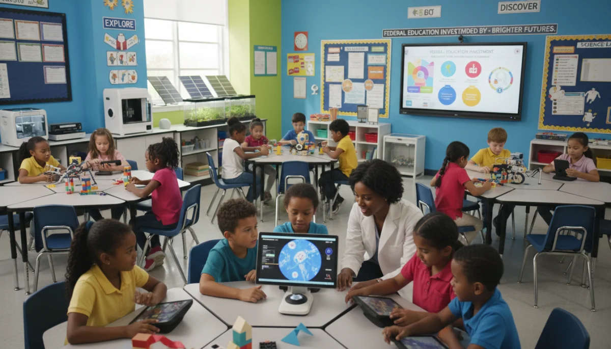 Diverse elementary students engaged in science with modern equipment