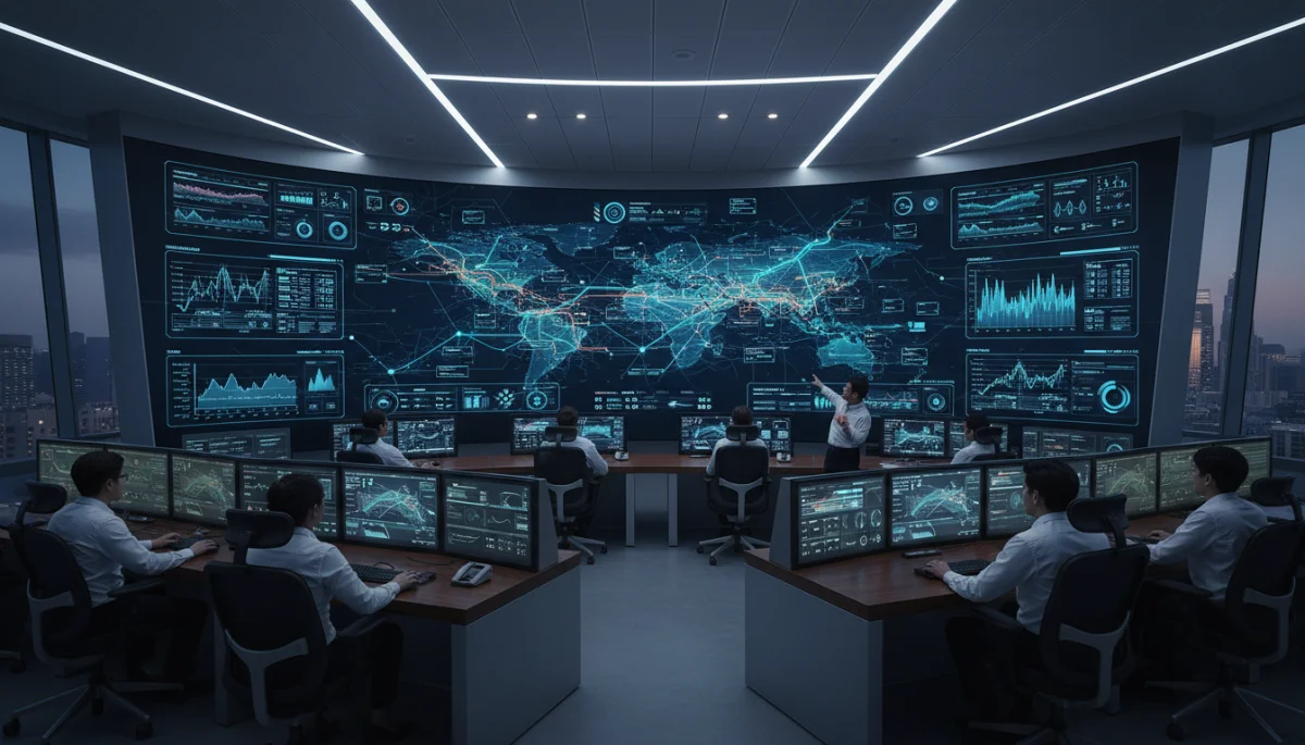 Energy grid control room with engineers monitoring data