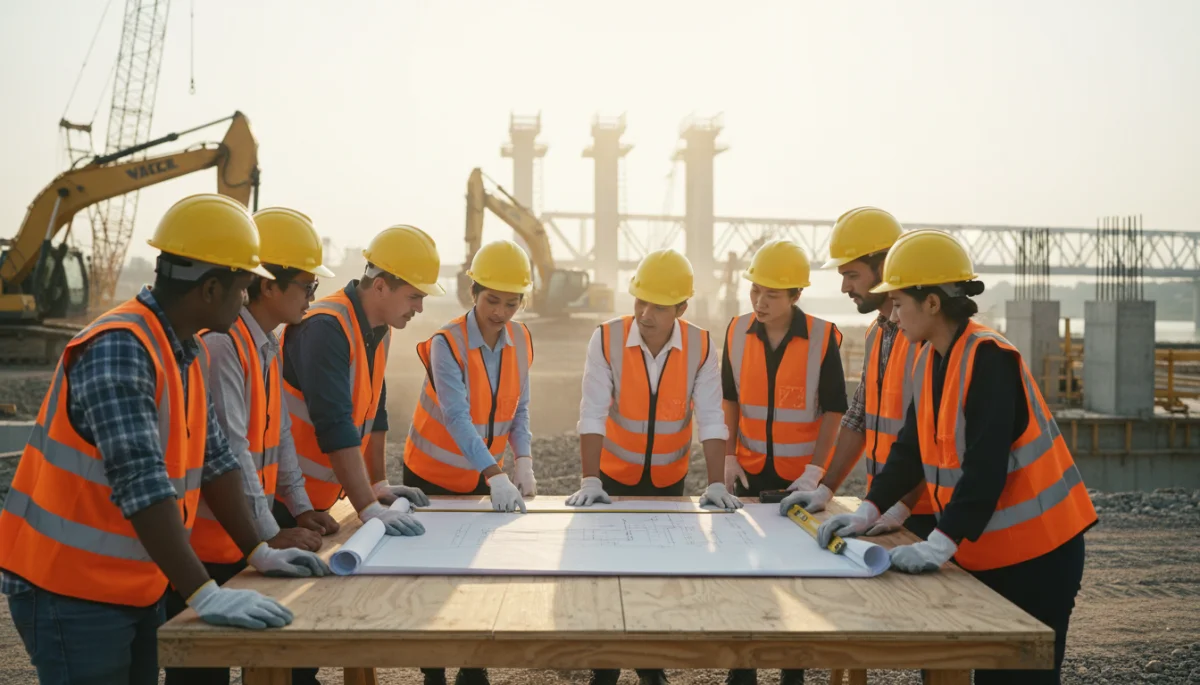 Engineers and construction workers reviewing blueprints on a site