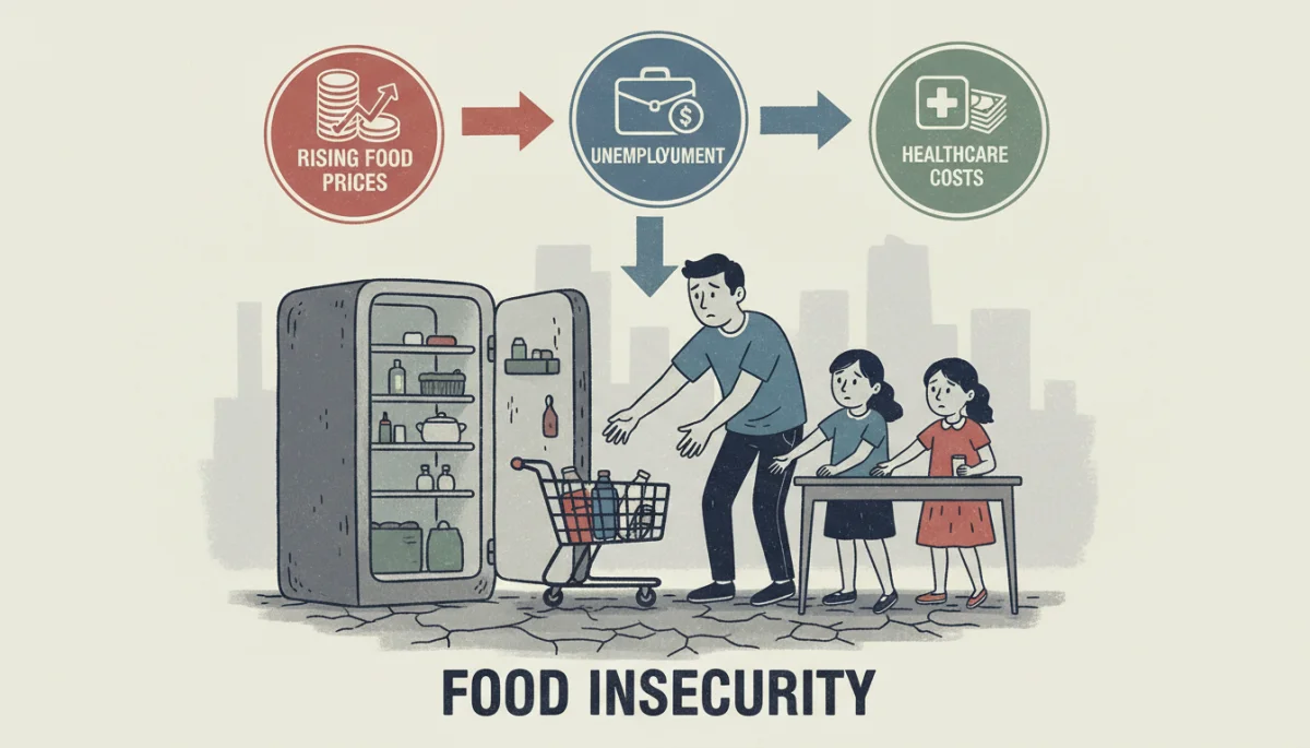Infographic showing factors contributing to food insecurity in the United States.