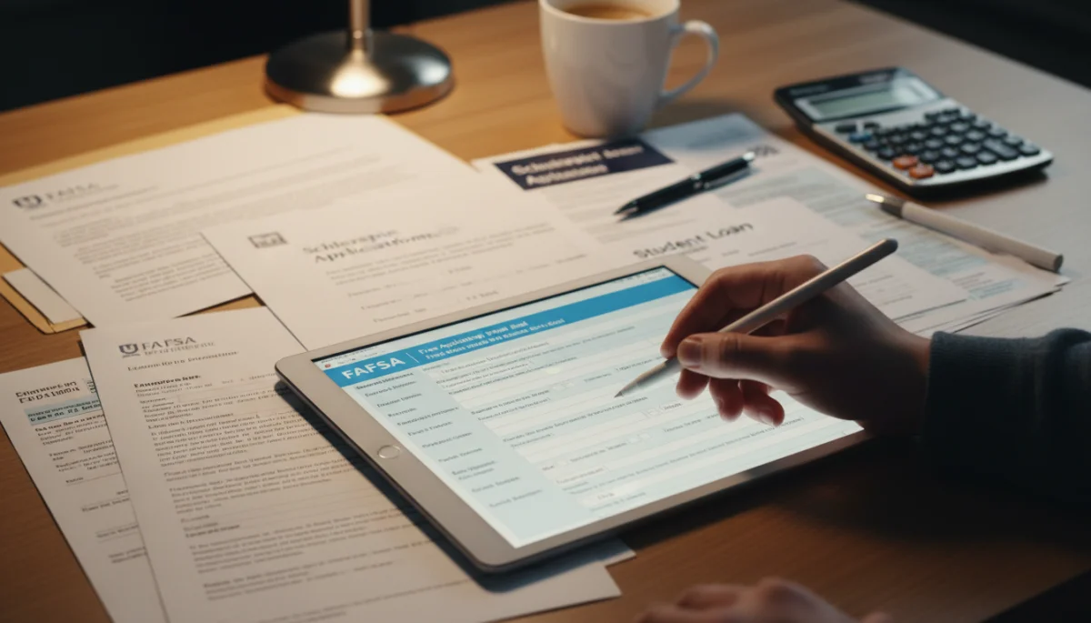 Hand filling out FAFSA form on tablet, surrounded by financial aid documents