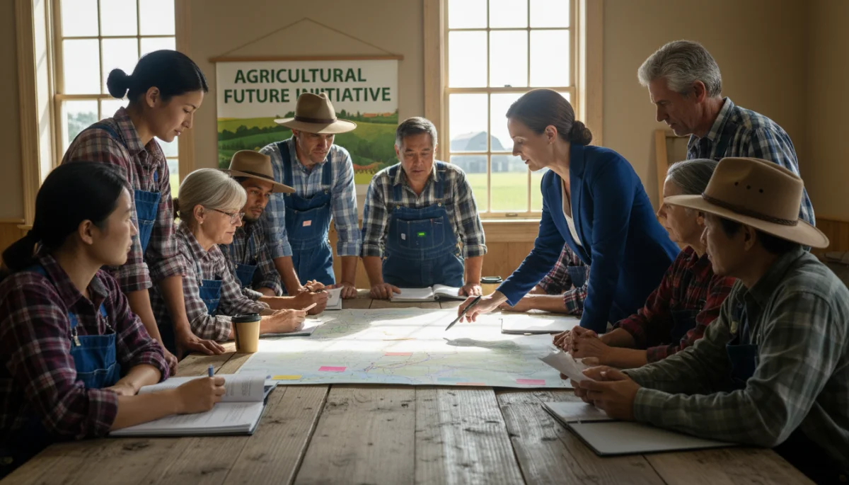Farmers and government official discussing agricultural policy