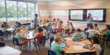 Children learning in a modern classroom, symbolizing federal policy's impact on K-12 education.