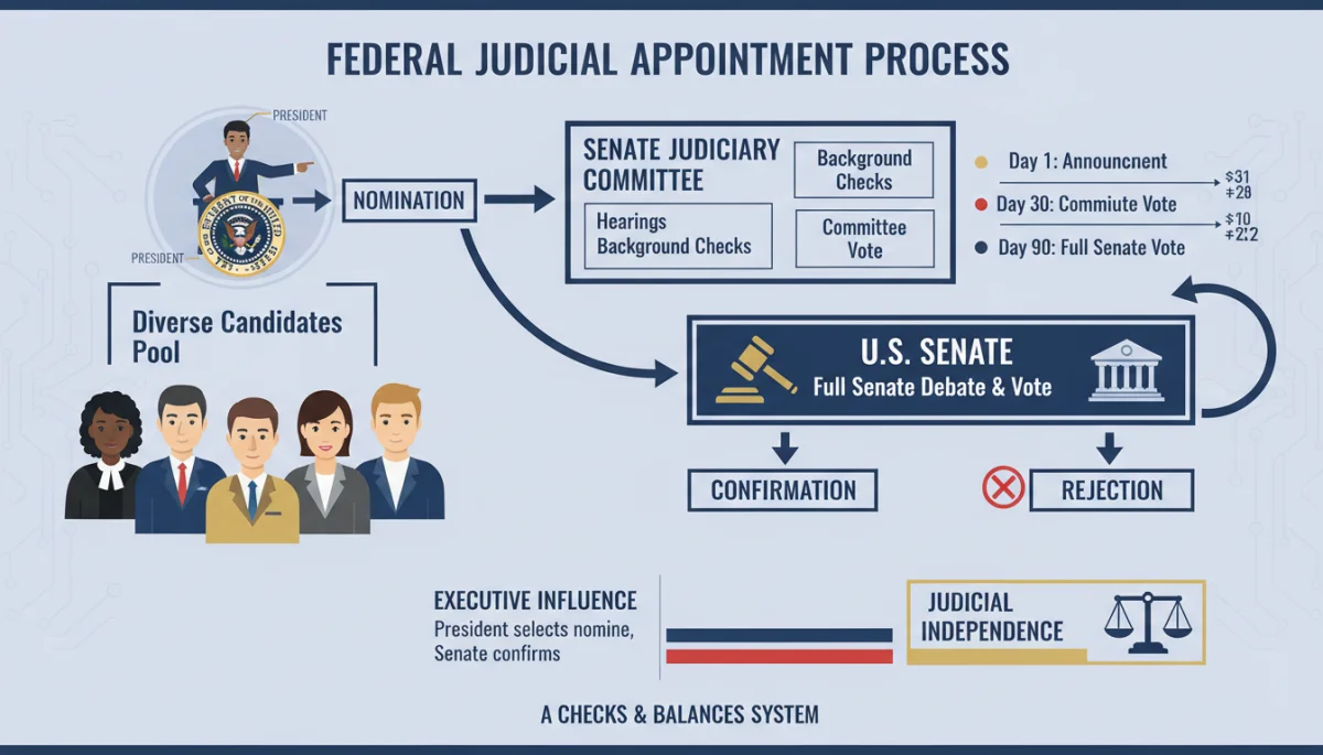 Federal judicial appointment process flowchart with diverse candidates