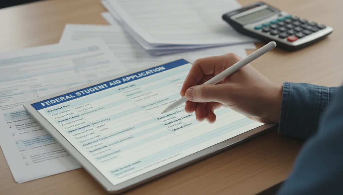 Hand filling out federal student aid application on a tablet with financial documents