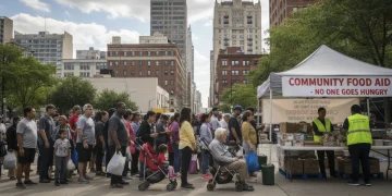 People receiving food at a community food bank in an American city, highlighting widespread food insecurity.