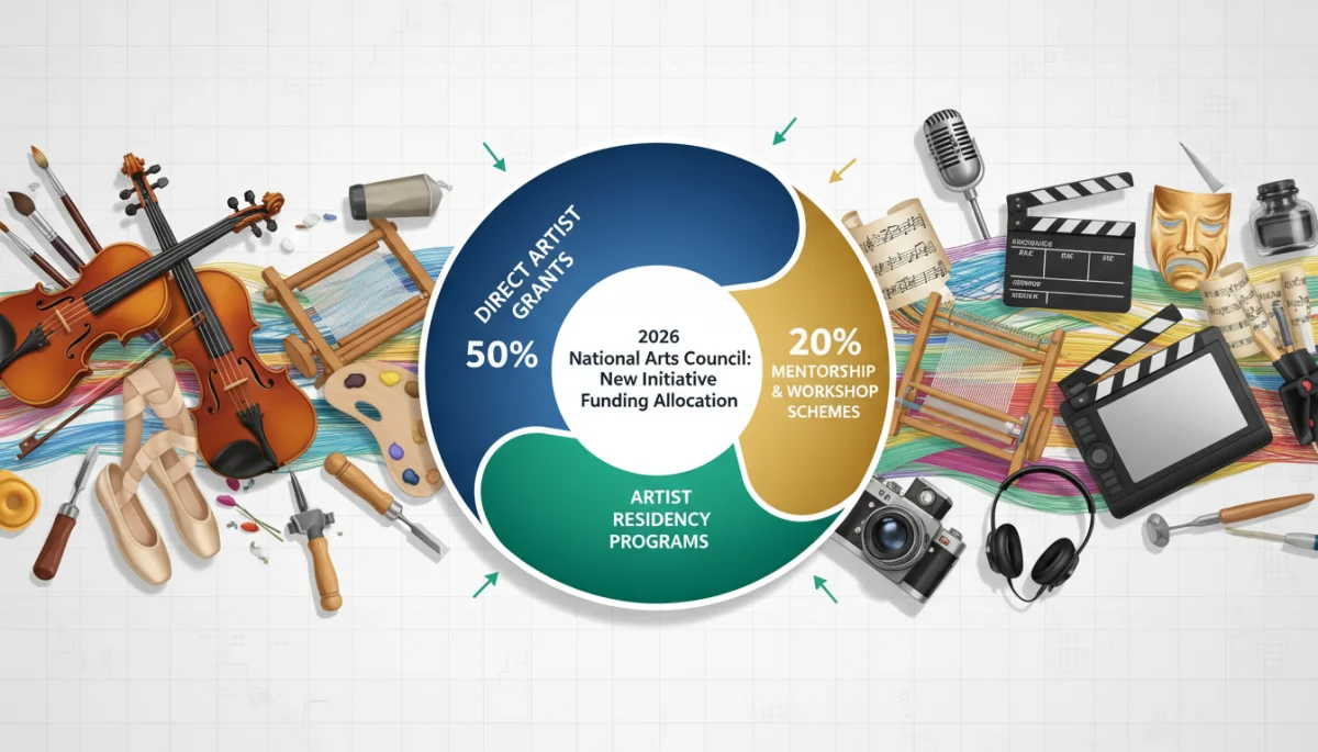 Infographic detailing funding allocation for emerging artists under the 2026 National Arts Council initiative.