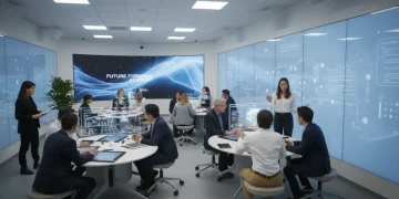 Students and professionals learning together in a modern classroom.