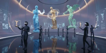 Futuristic art exhibition with holographic projections and augmented reality visitors