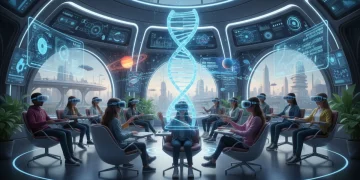 Students engaging in futuristic virtual classroom with VR headsets