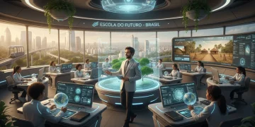 Alunos em uma sala de aula futurista no Brasil, interagindo com tecnologia educacional avançada e um professor orientando o aprendizado.
