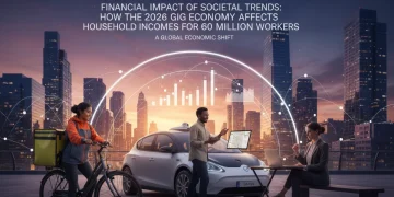 Diverse gig workers navigating urban landscape, symbolizing financial impact