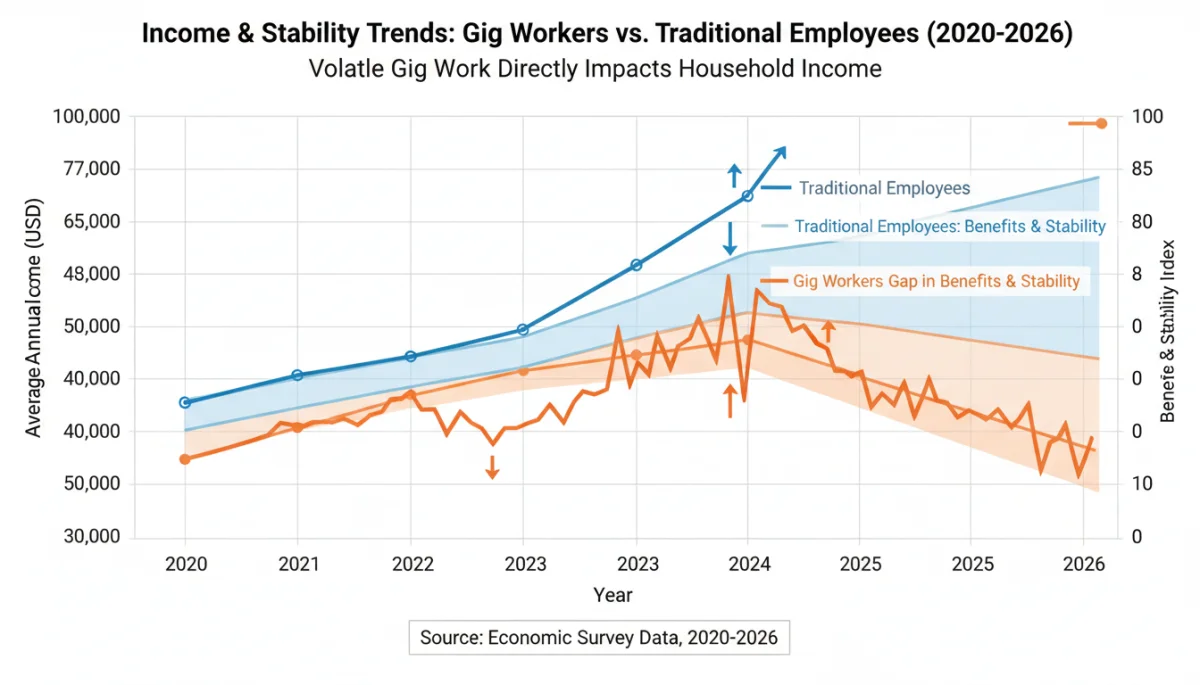 Graph showing gig worker income fluctuation versus traditional employment income stability