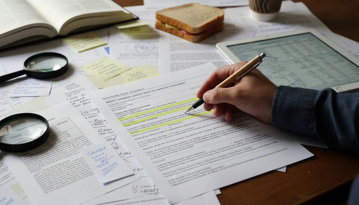 Hand highlighting key details on a national cultural grant application form
