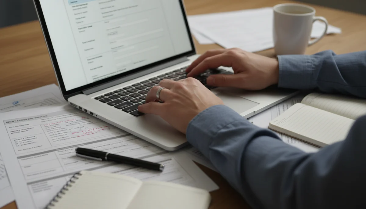 Detailed preparation of grant application documents on a laptop