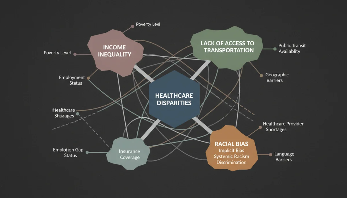 Infographic illustrating factors contributing to healthcare disparities