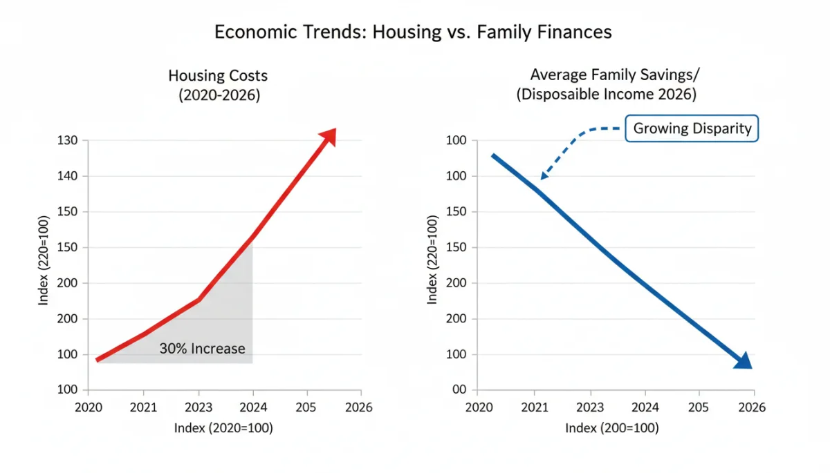 Graph depicting 30% housing cost increase by 2026 versus declining family income.
