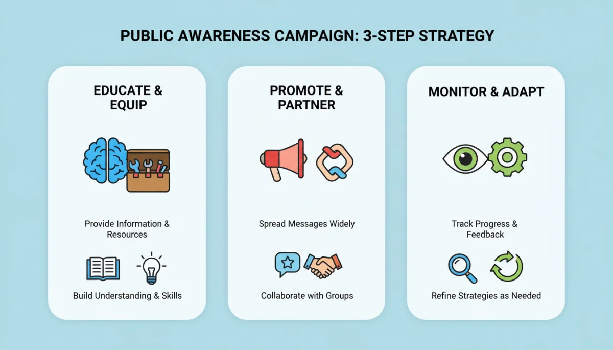 Infographic showing three steps for public awareness campaign against misinformation