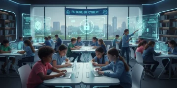 K-12 students learning cybersecurity skills in a modern classroom
