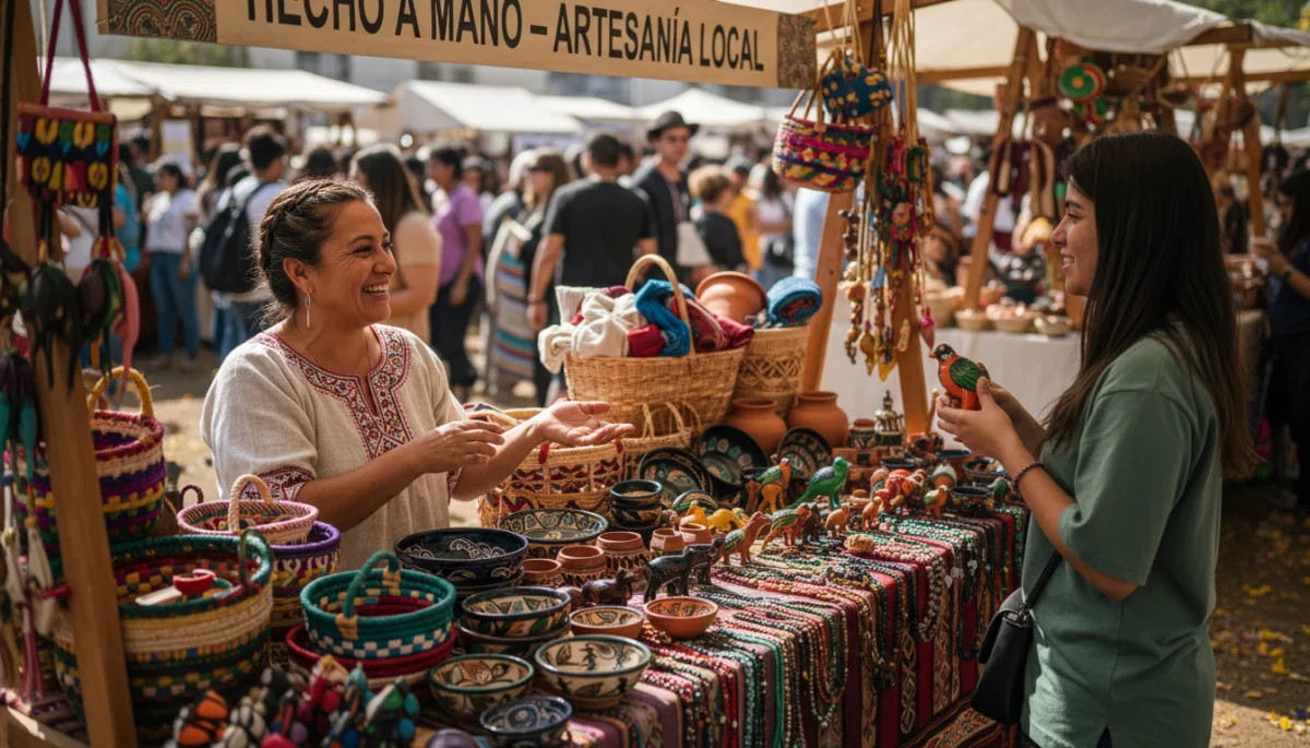Local artisan selling handmade crafts at a vibrant cultural festival market, highlighting local economic benefit.