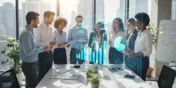 Profissionais diversos colaborando em escritório moderno, com projeções de crescimento econômico e dados do mercado de trabalho de 2026.