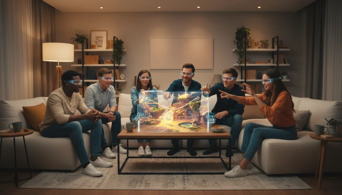 Family engaging with holographic projection, showcasing mixed reality enhancing social interaction.