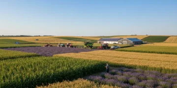Panoramic view of a modern farm field with diverse crops and agricultural machinery
