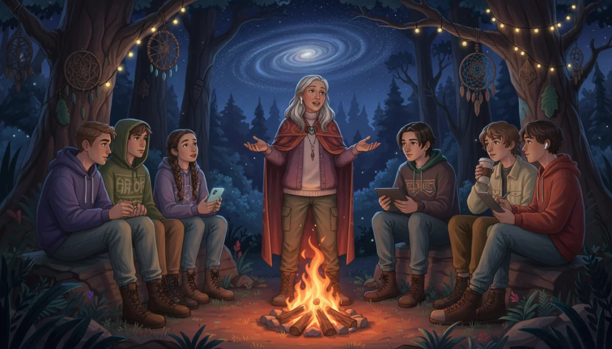 Diverse young people listening to a storyteller around a modern campfire, blending tradition and technology.