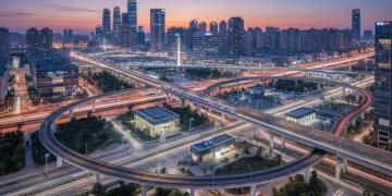 Modern urban infrastructure with illuminated bridges and highways at dusk, symbolizing progress and connectivity.