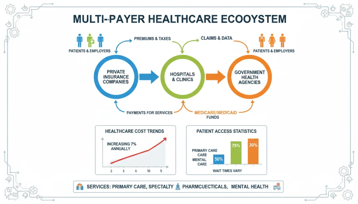 Infographic of multi-payer healthcare system dynamics and patient flow