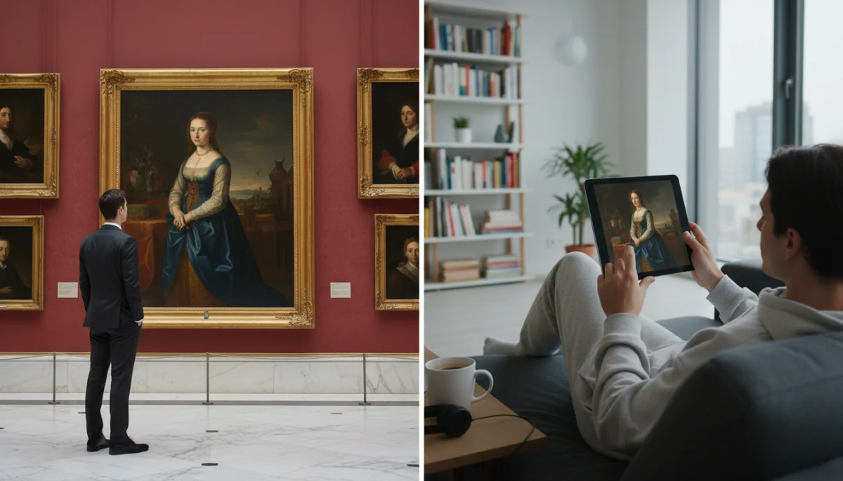 Person viewing art in a museum versus person viewing art on a tablet, illustrating digital accessibility.