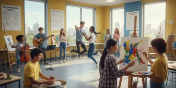 Students engaging in diverse art forms in a modern classroom, symbolizing national arts education policies.
